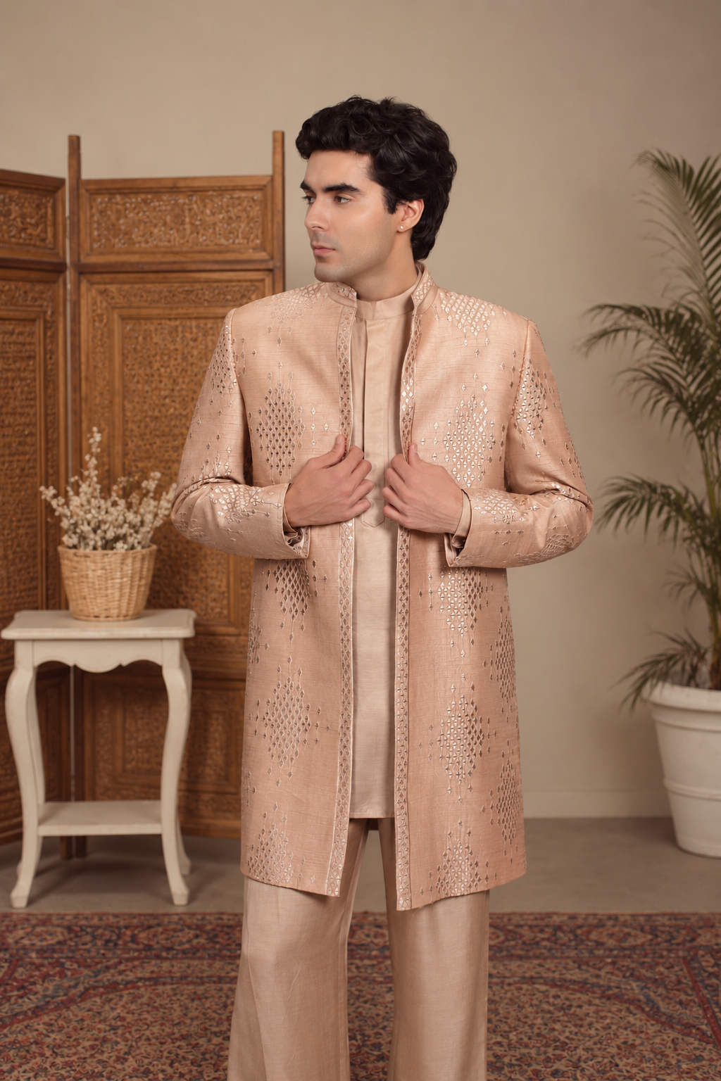 Ujaas Indo Western Jacket Set in Champagne
