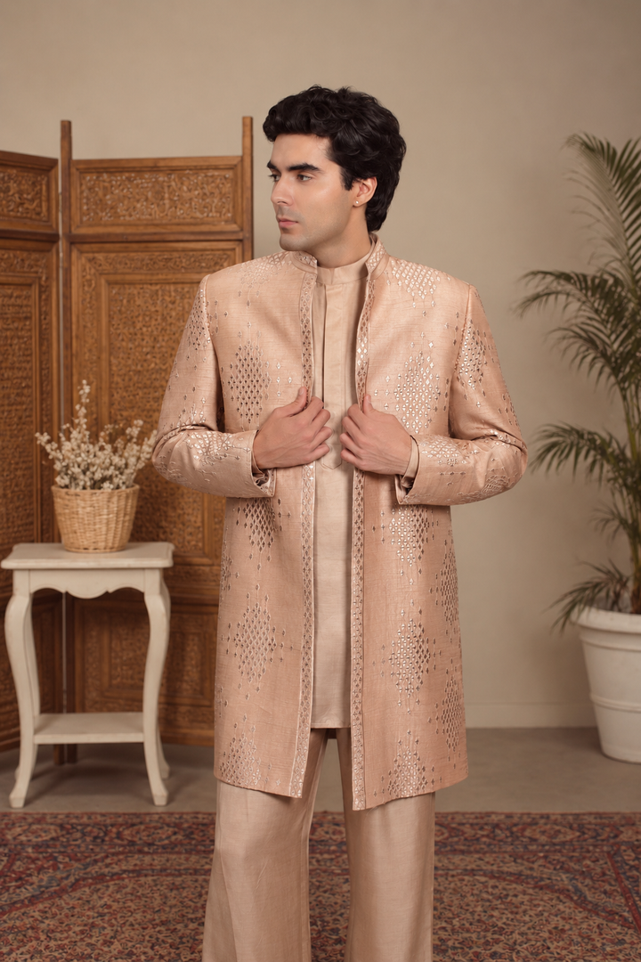 Ujaas Indo Western Jacket Set in Champagne