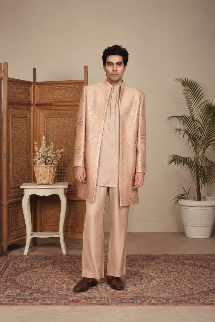 Ujaas Indo Western Jacket Set in Champagne