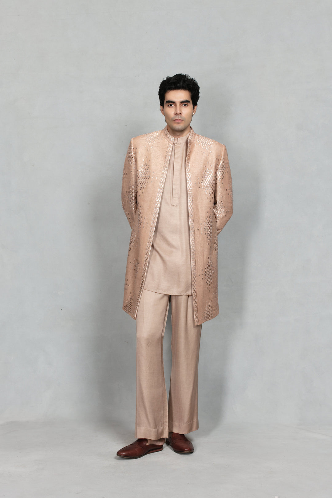 Ujaas Indo Western Jacket Set in Champagne