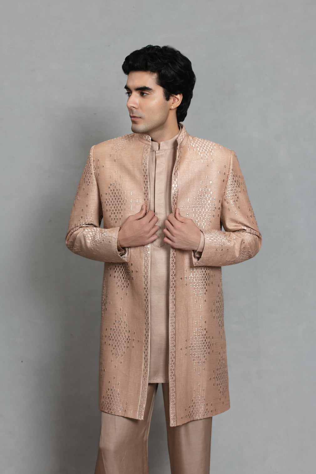 Ujaas Indo Western Jacket Set in Champagne