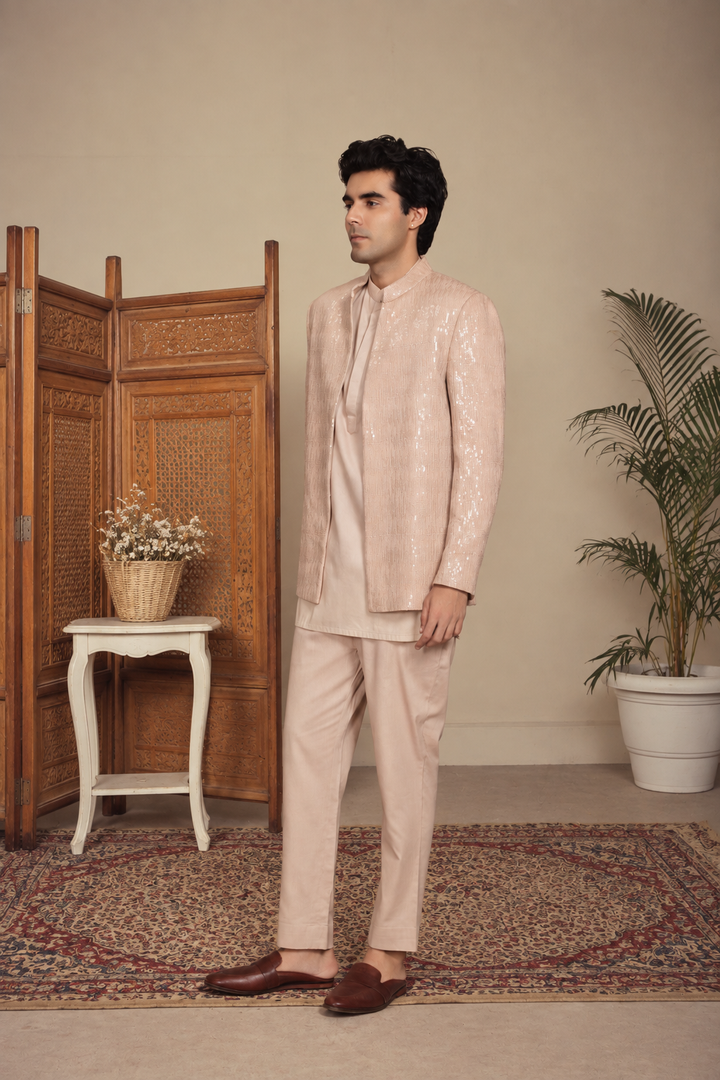 Dastaan Indo Western Jacket Set in Champagne