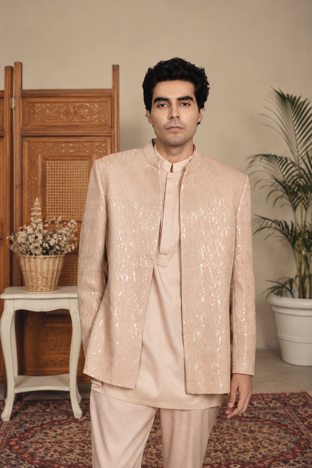 Dastaan Indo Western Jacket Set in Champagne