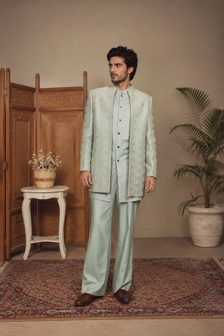 Shair Indo Western Jacket Set in Sage Green