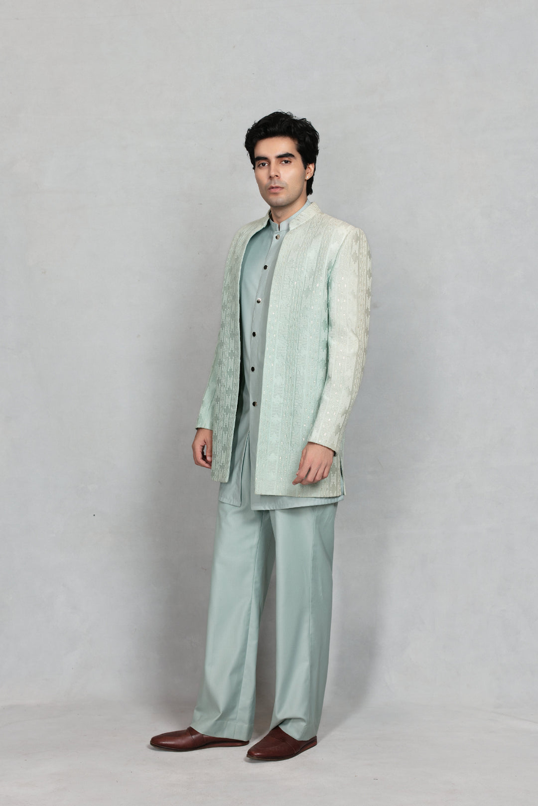 Shair Indo Western Jacket Set in Sage Green