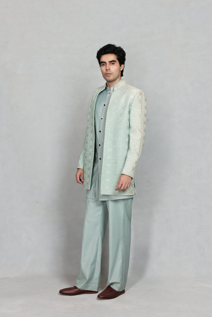Shair Indo Western Jacket Set in Sage Green