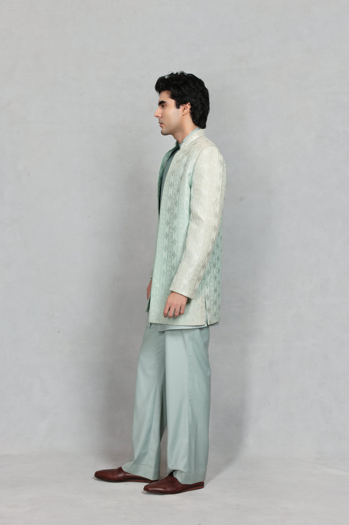 Shair Indo Western Jacket Set in Sage Green