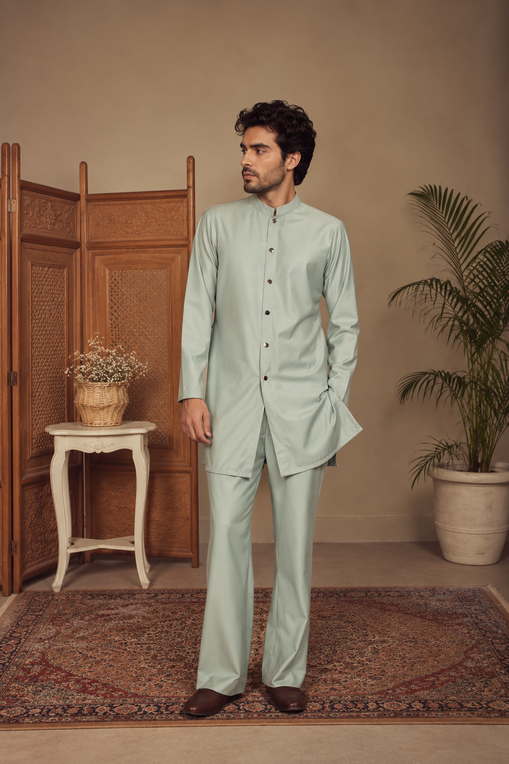 Shair Indo Western Jacket Set in Sage Green