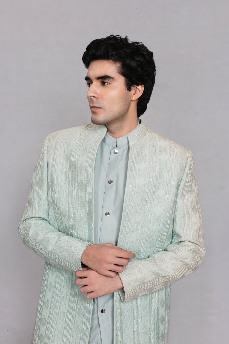 Shair Indo Western Jacket Set in Sage Green