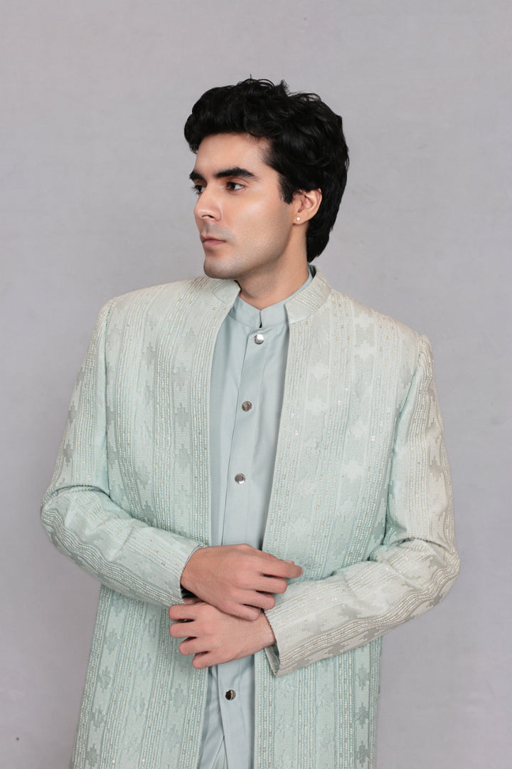 Shair Indo Western Jacket Set in Sage Green