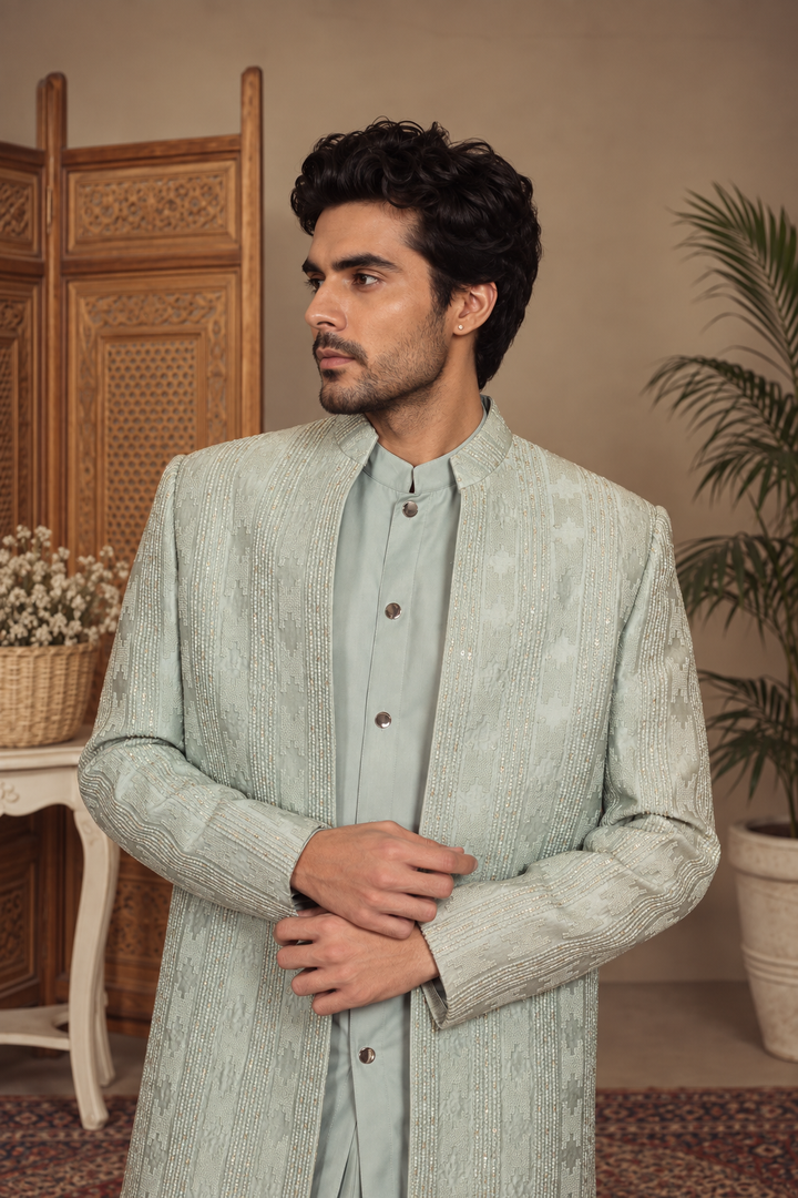 Shair Indo Western Jacket Set in Sage Green