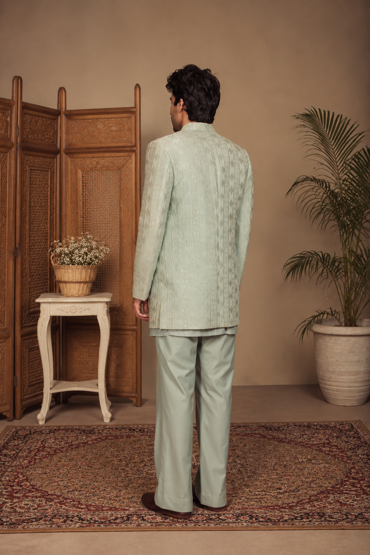 Shair Indo Western Jacket Set in Sage Green