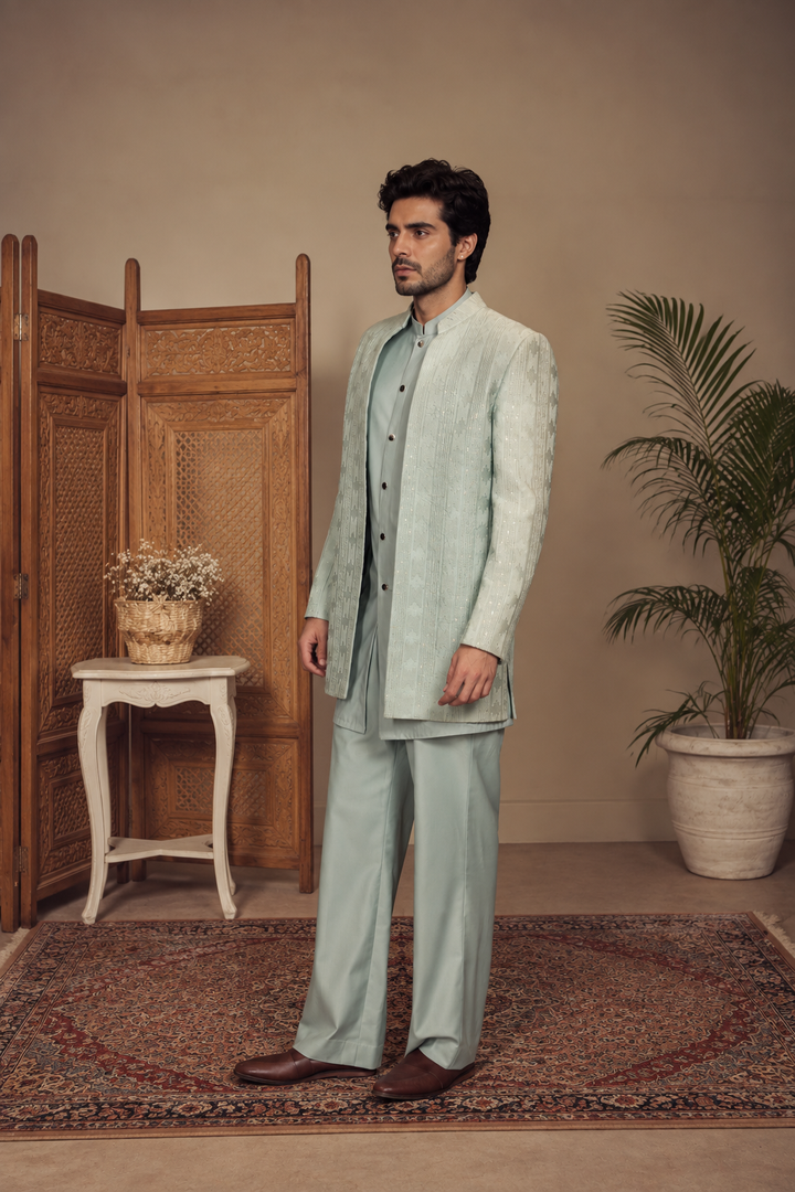 Shair Indo Western Jacket Set in Sage Green