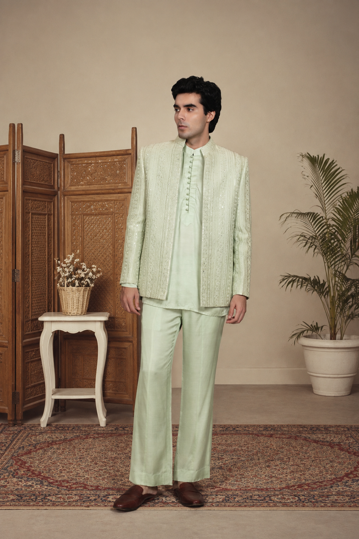 Saagar Indo Western Jacket Set in Mint Green
