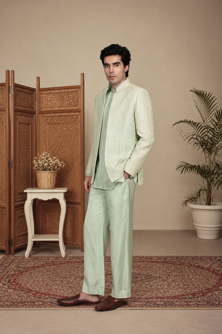 Saagar Indo Western Jacket Set in Mint Green