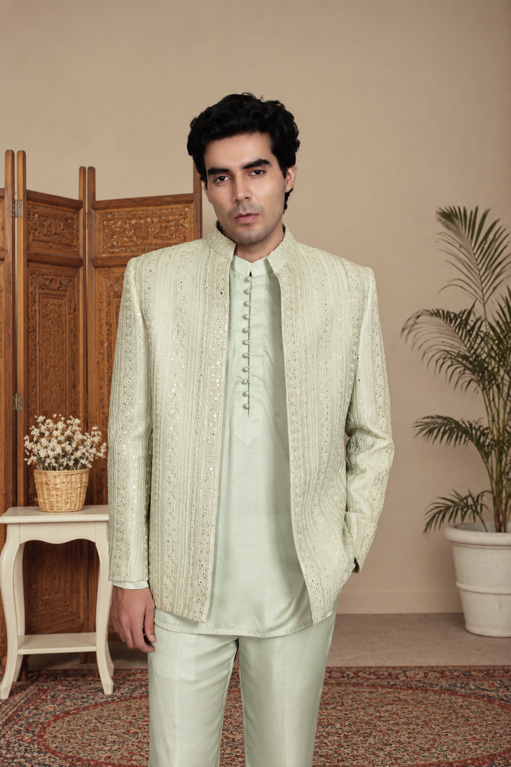 Saagar Indo Western Jacket Set in Mint Green