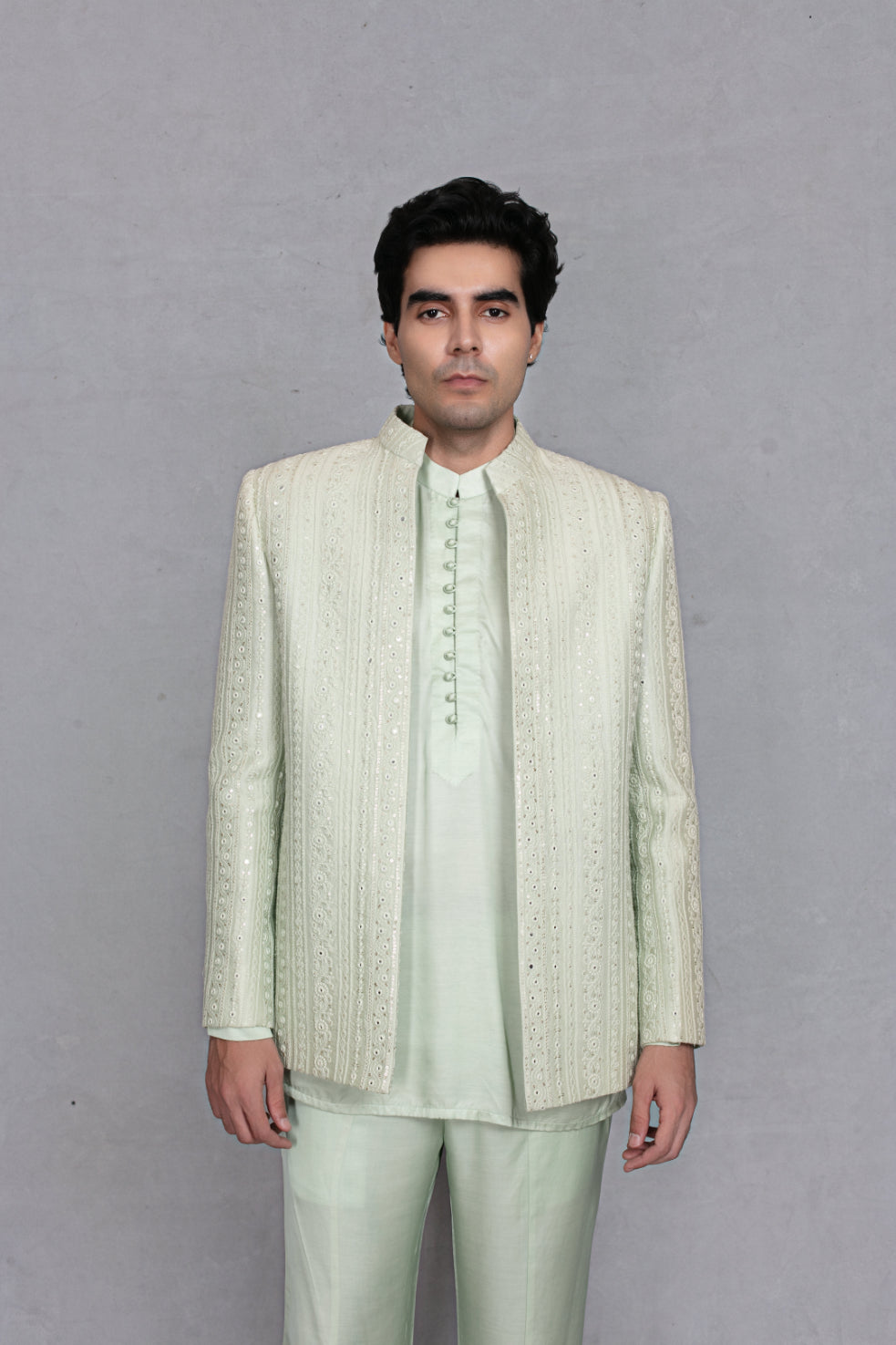 Saagar Indo Western Jacket Set in Mint Green