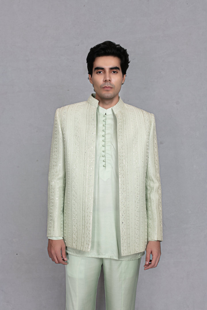 Saagar Indo Western Jacket Set in Mint Green