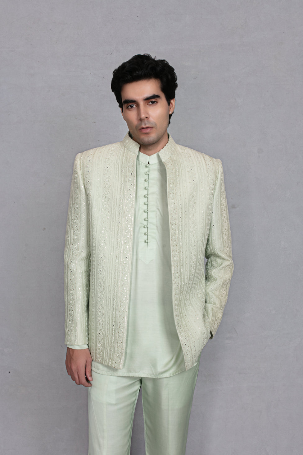 Saagar Indo Western Jacket Set in Mint Green