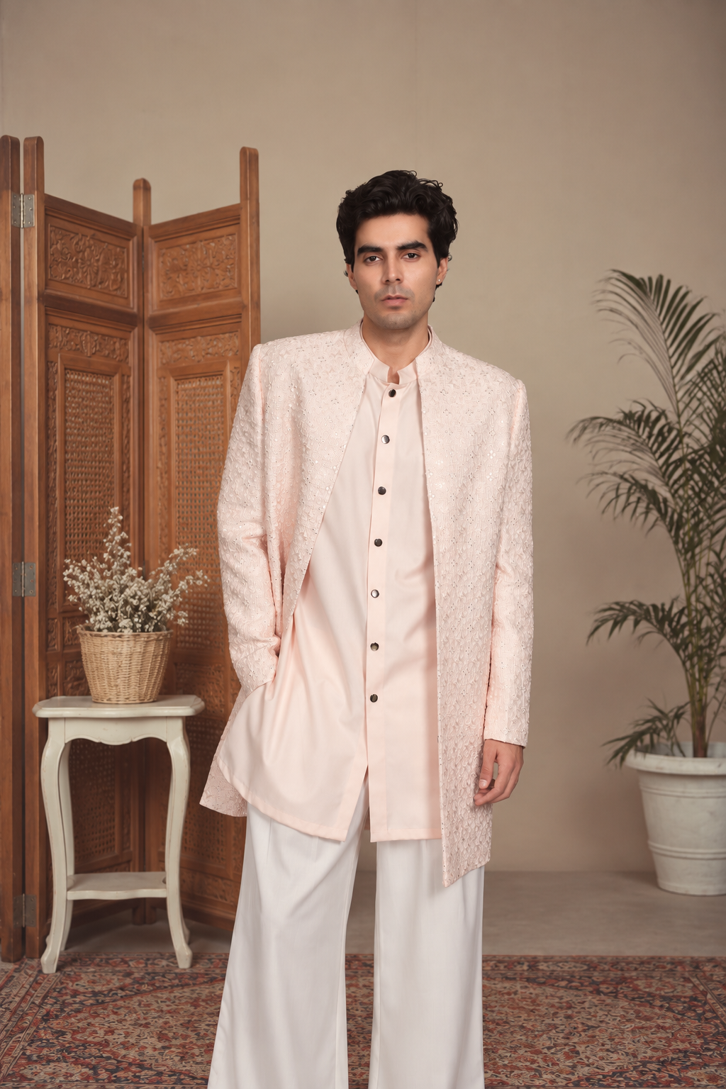 Aahang Indo Western Jacket Set in Light Pink