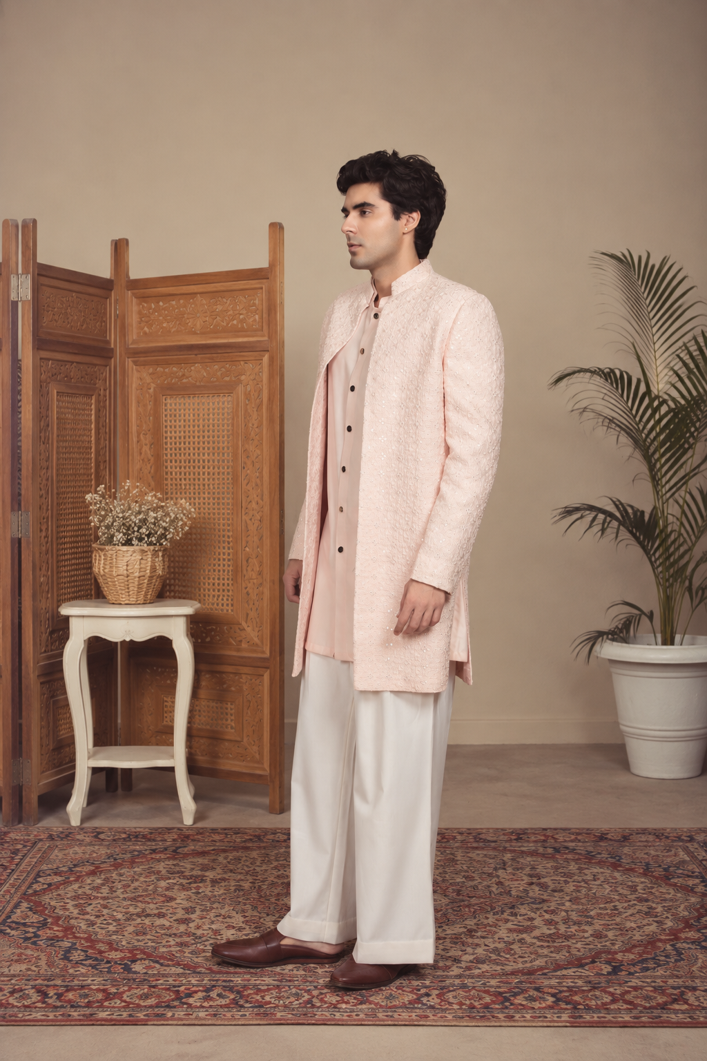 Aahang Indo Western Jacket Set in Light Pink