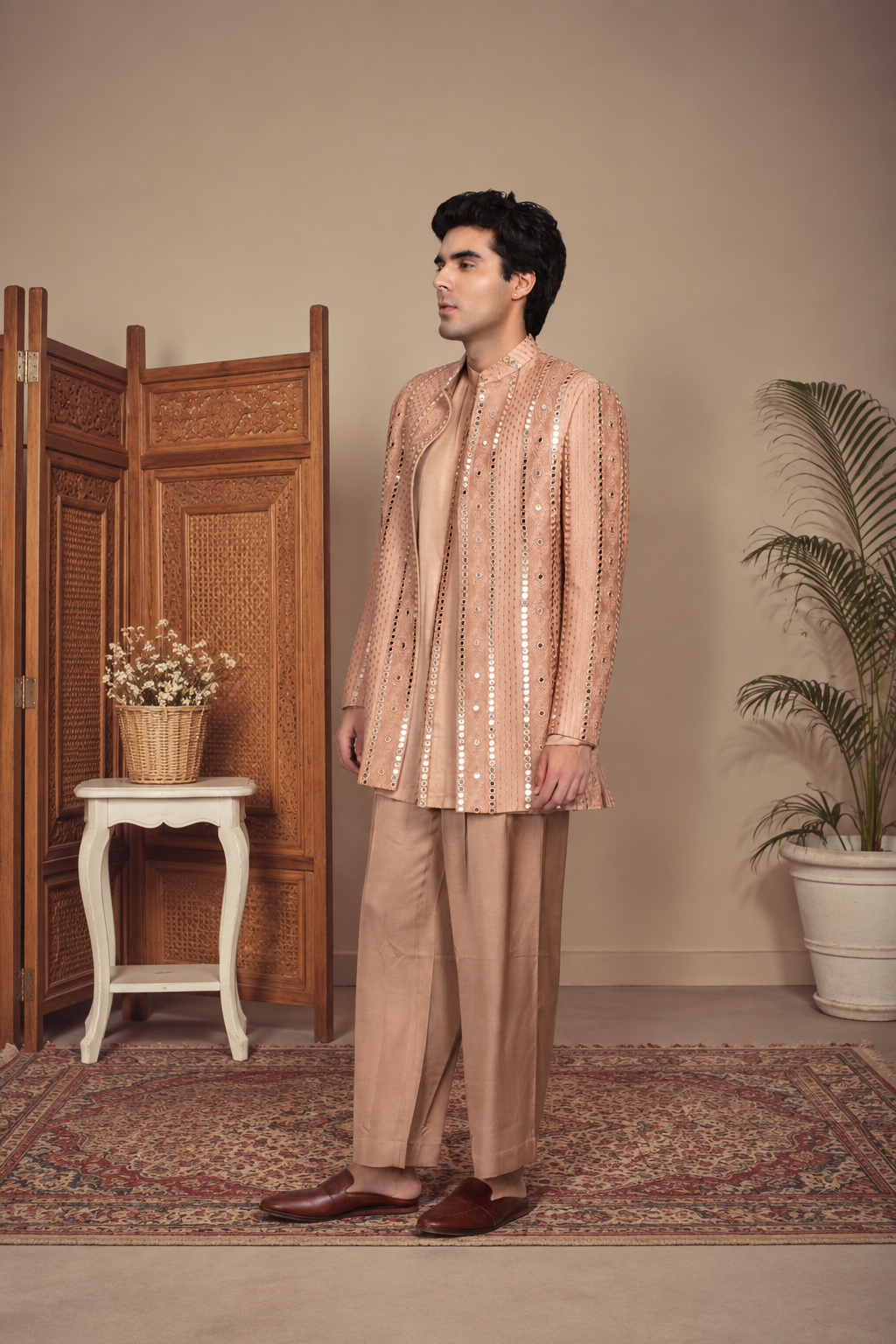 Lams Indo Western Jacket Set in Rose Gold