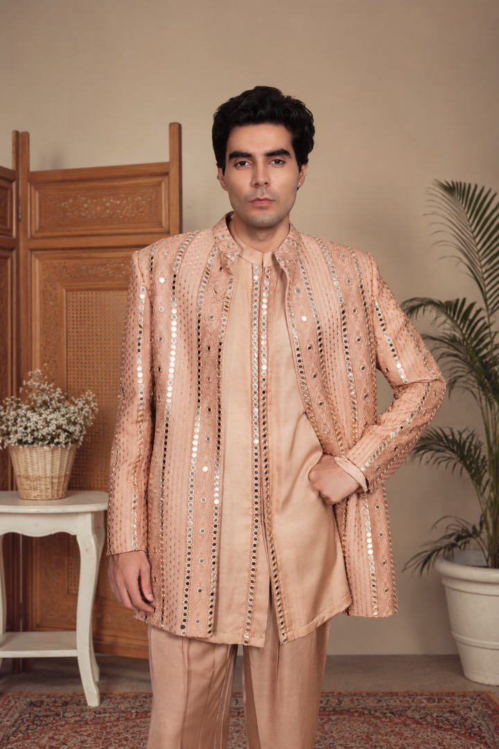 Lams Indo Western Jacket Set in Rose Gold