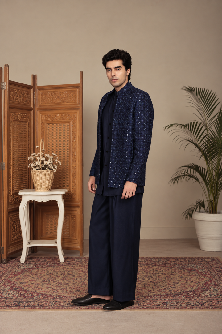 Pravaah Indo Western Jacket Set in Navy Blue