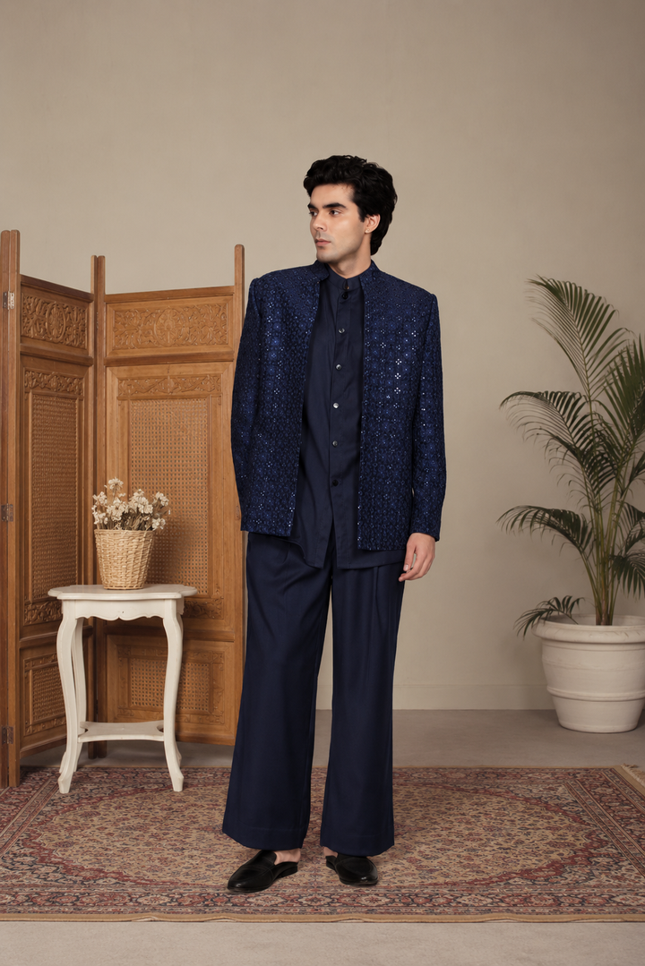 Pravaah Indo Western Jacket Set in Navy Blue