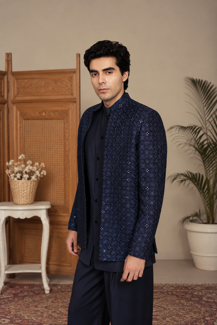 Pravaah Indo Western Jacket Set in Navy Blue