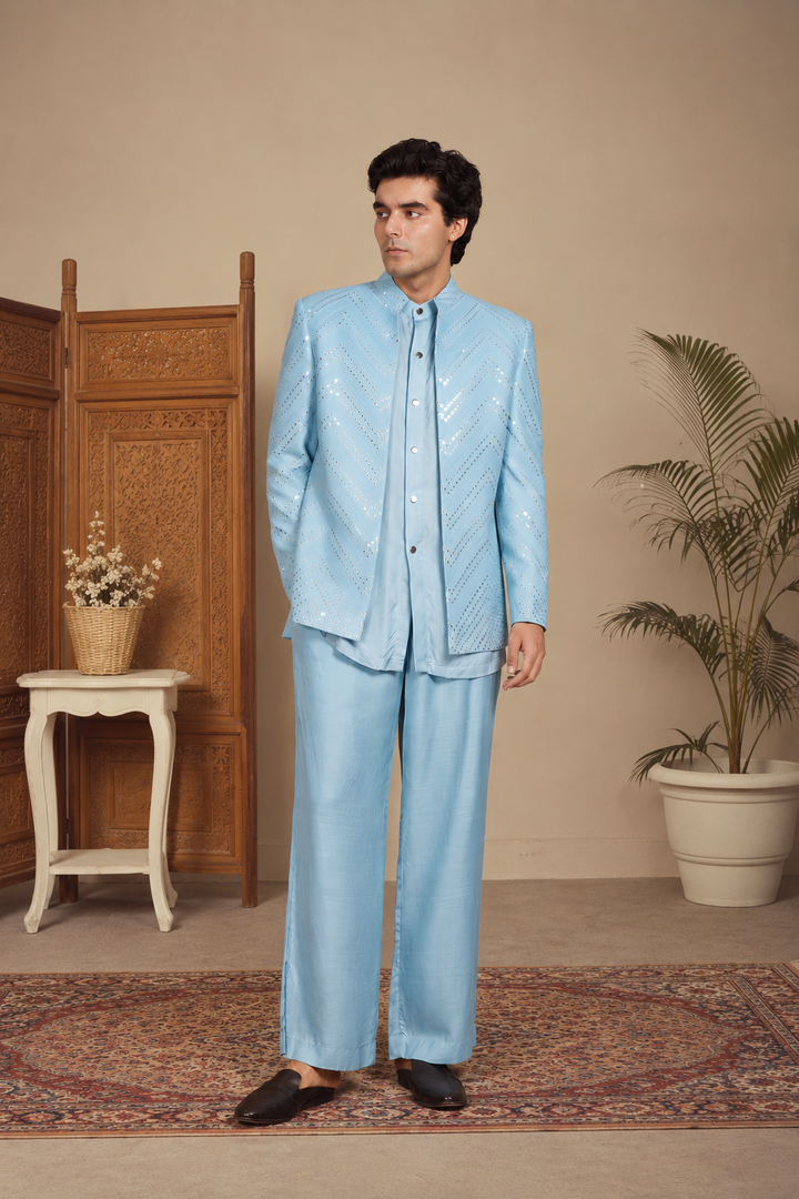 Saar Indo Western Jacket Set in Light Blue