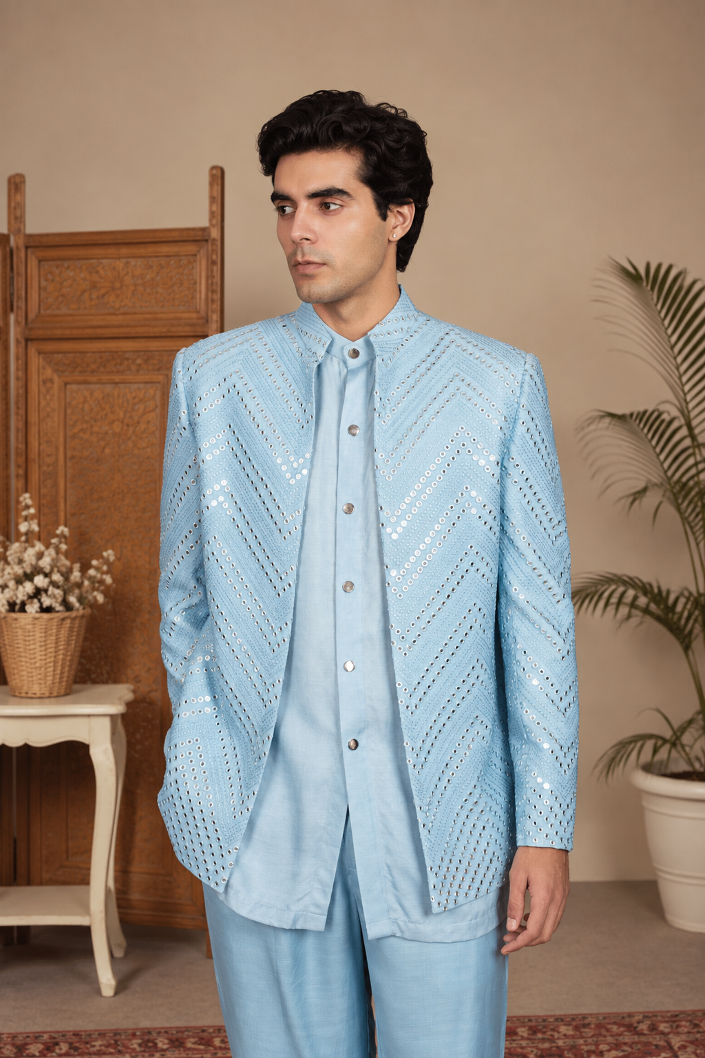 Saar Indo Western Jacket Set in Light Blue