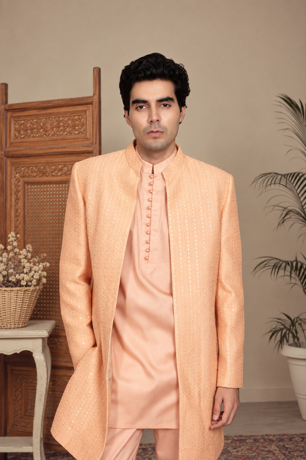 Tatva Indo Western Jacket Set in Peach