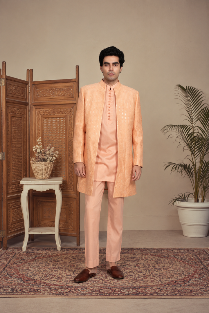 Tatva Indo Western Jacket Set in Peach