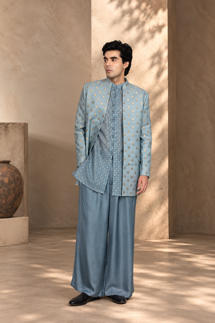Naqqashi Indo - Western Jacket Set in Light Blue