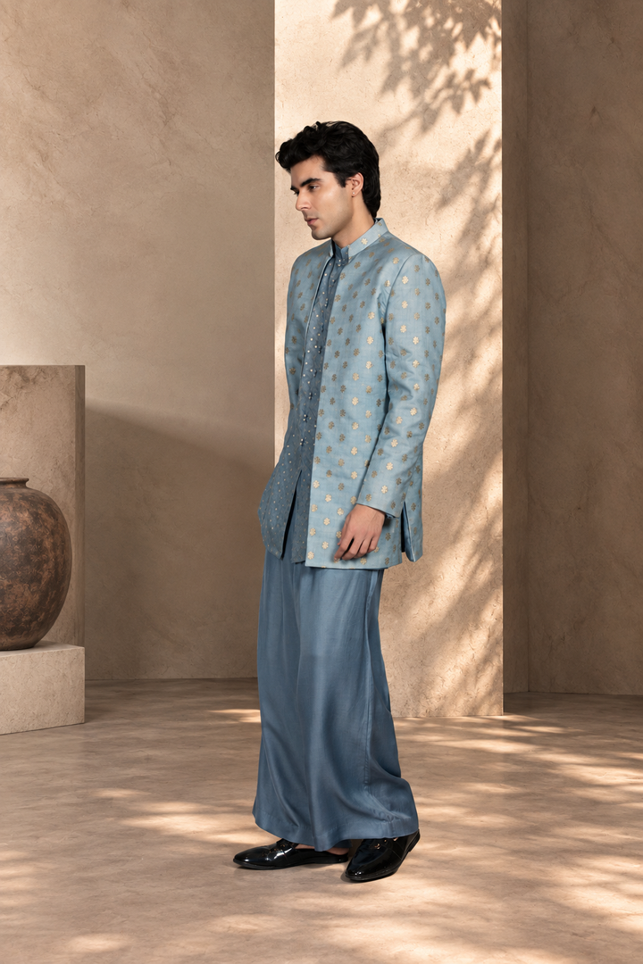 Naqqashi Indo - Western Jacket Set in Light Blue