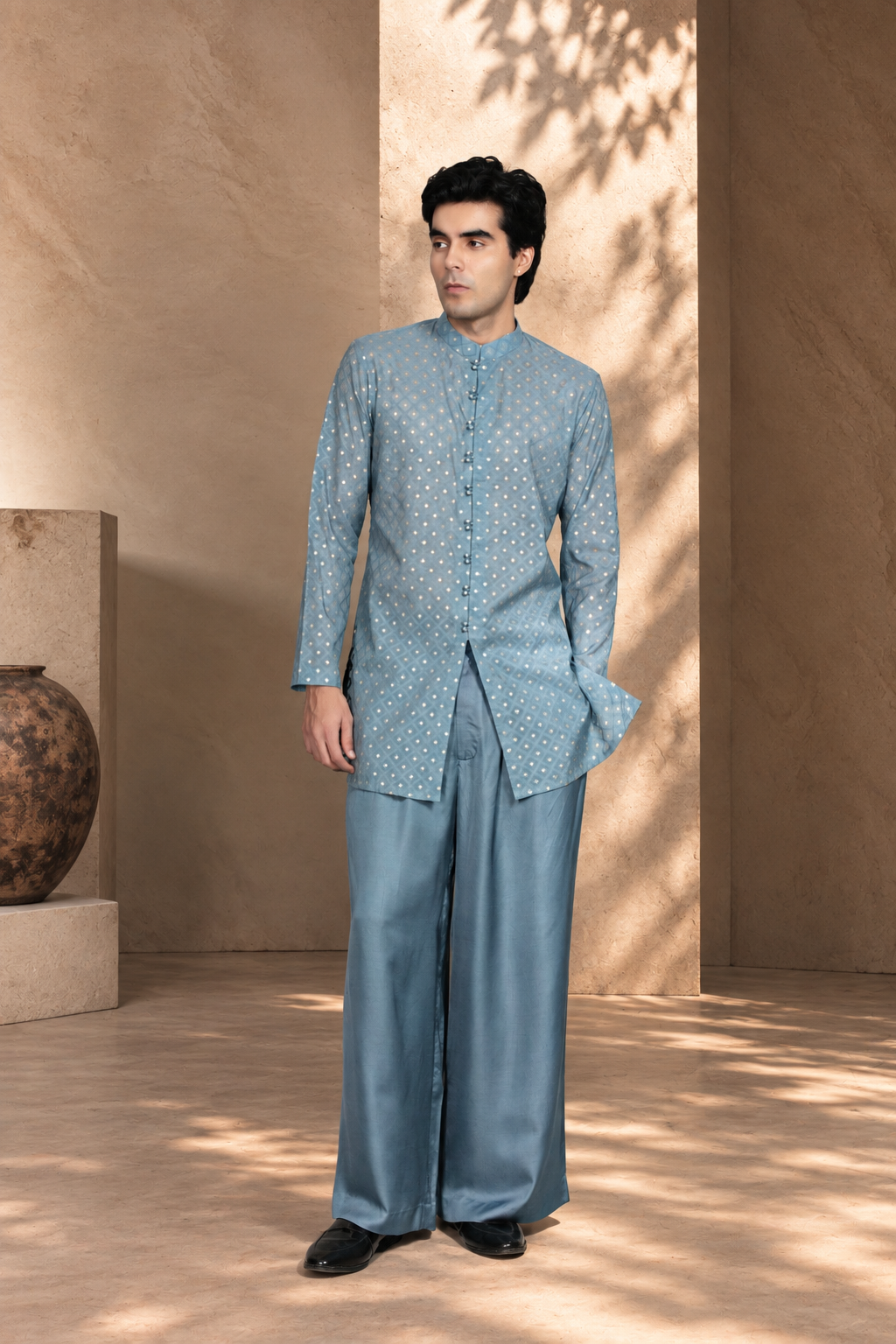 Naqqashi Indo - Western Jacket Set in Light Blue