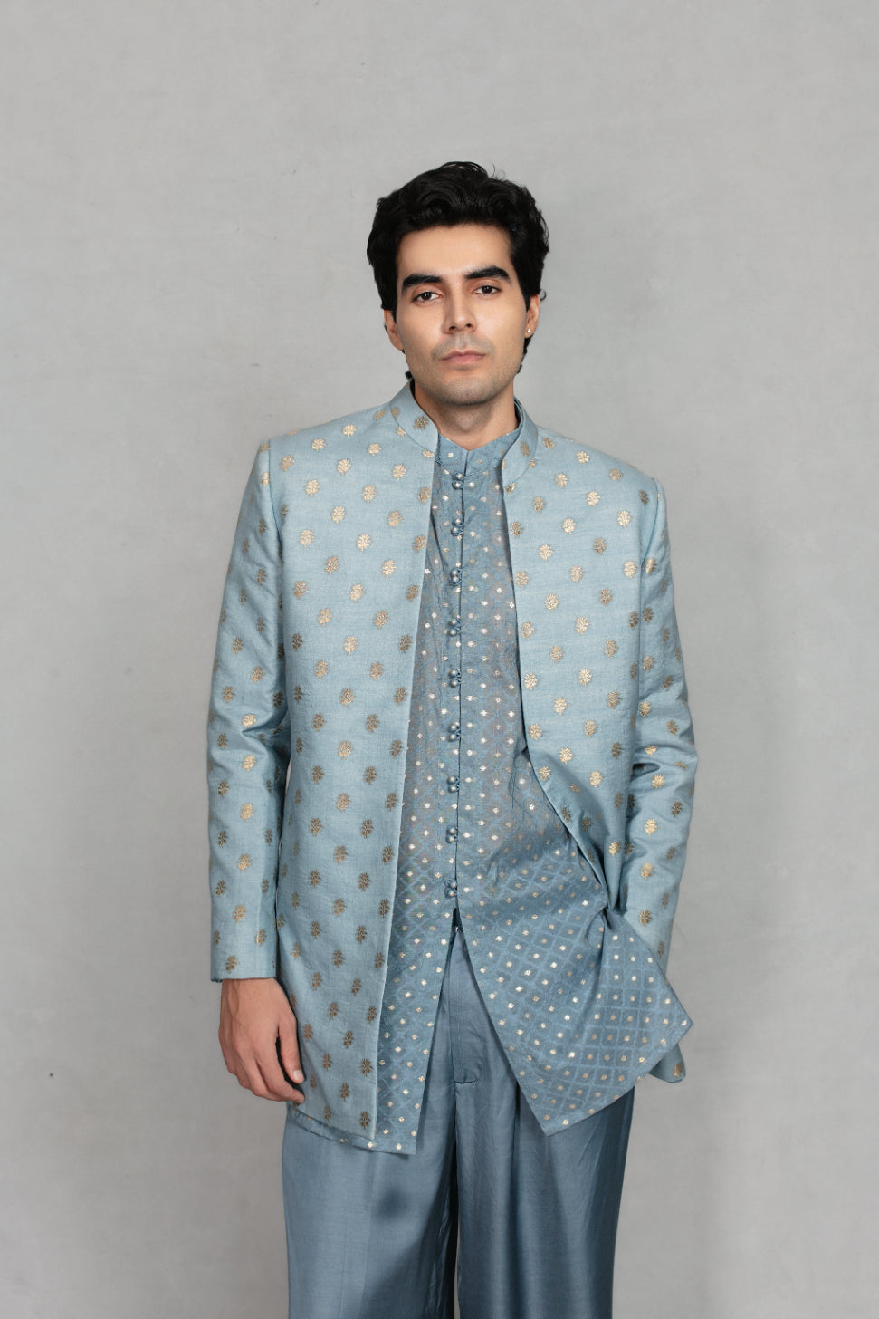 Naqqashi Indo - Western Jacket Set in Light Blue