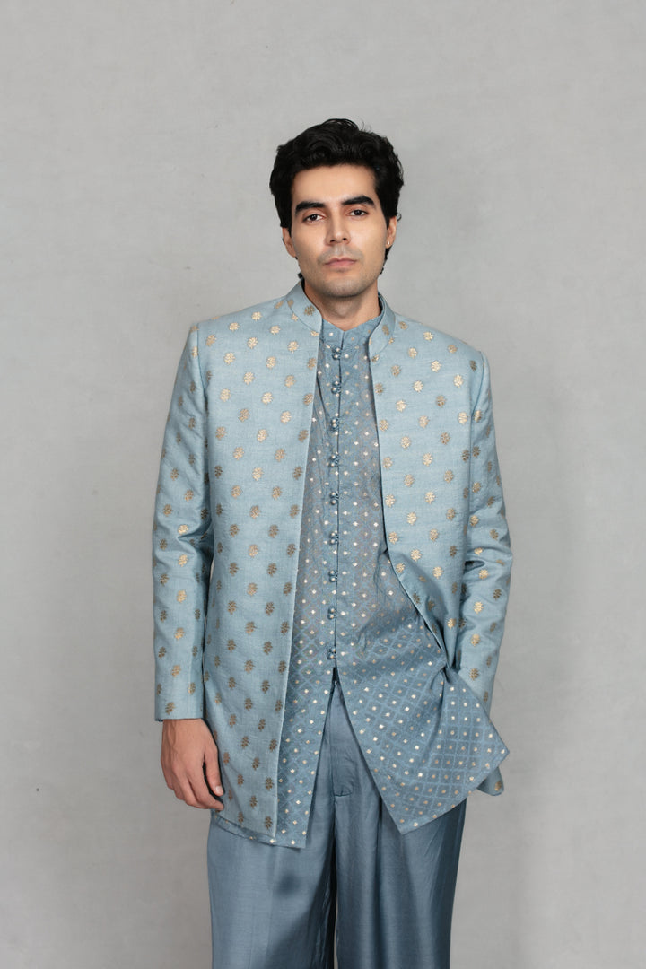 Naqqashi Indo - Western Jacket Set in Light Blue