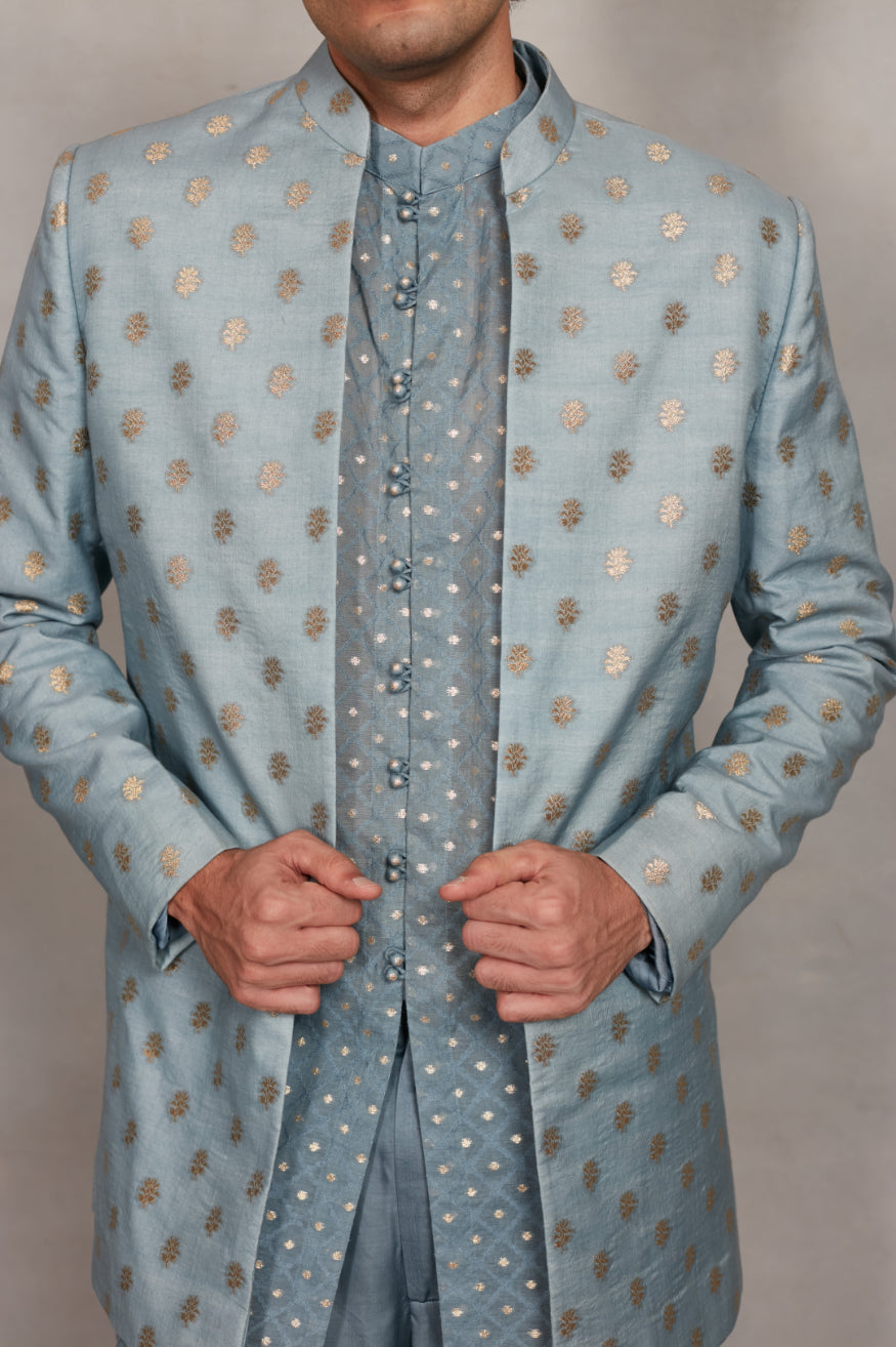 Naqqashi Indo - Western Jacket Set in Light Blue