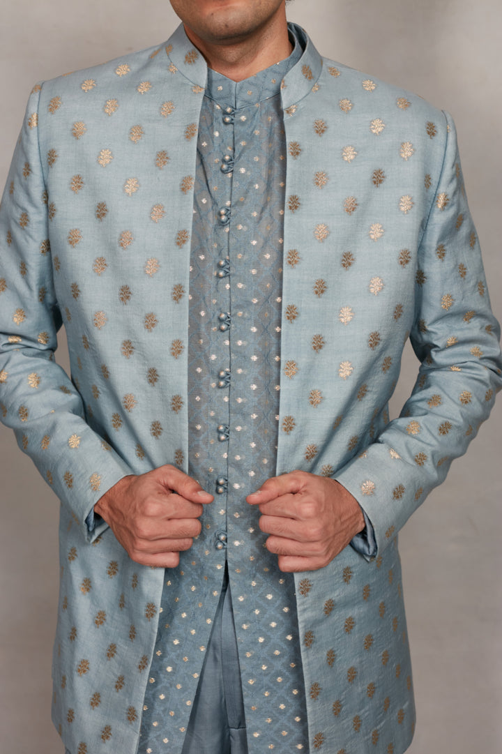 Naqqashi Indo - Western Jacket Set in Light Blue