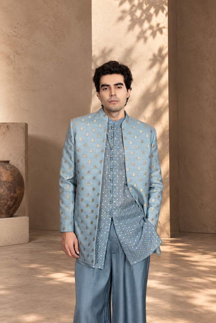 Naqqashi Indo - Western Jacket Set in Light Blue