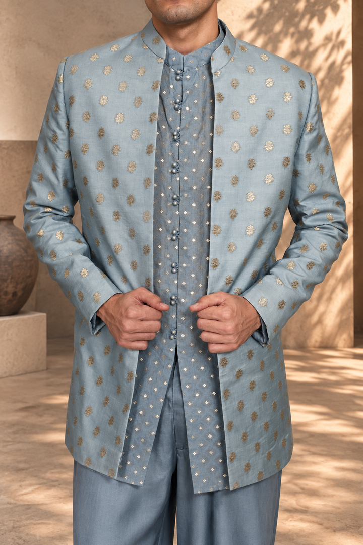 Naqqashi Indo - Western Jacket Set in Light Blue