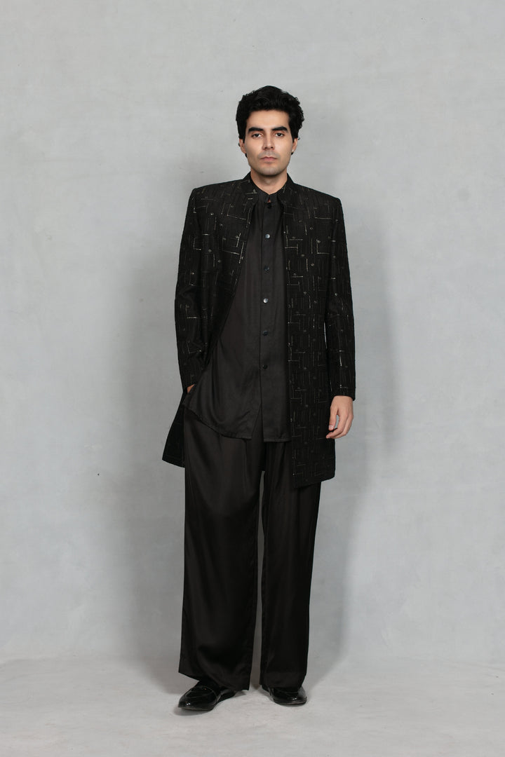 Tavas Indo Western Jacket Set in Black