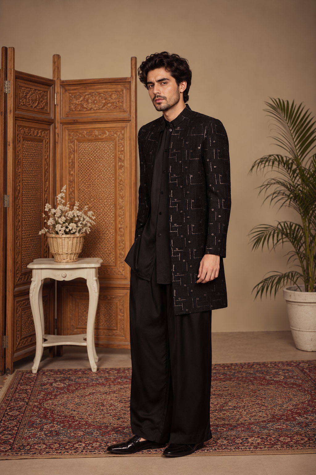 Tavas Indo Western Jacket Set in Black