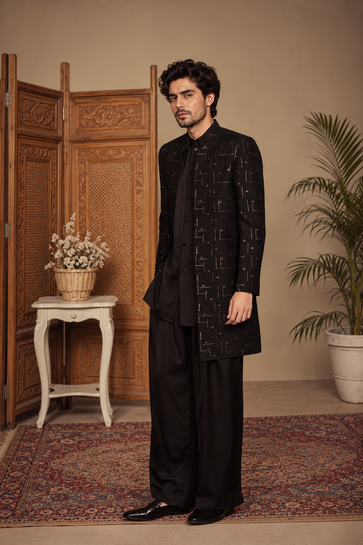 Tavas Indo Western Jacket Set in Black
