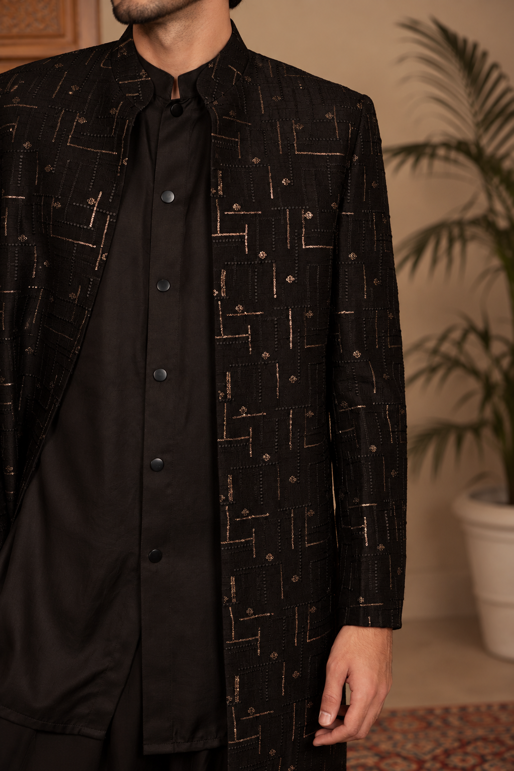 Tavas Indo Western Jacket Set in Black