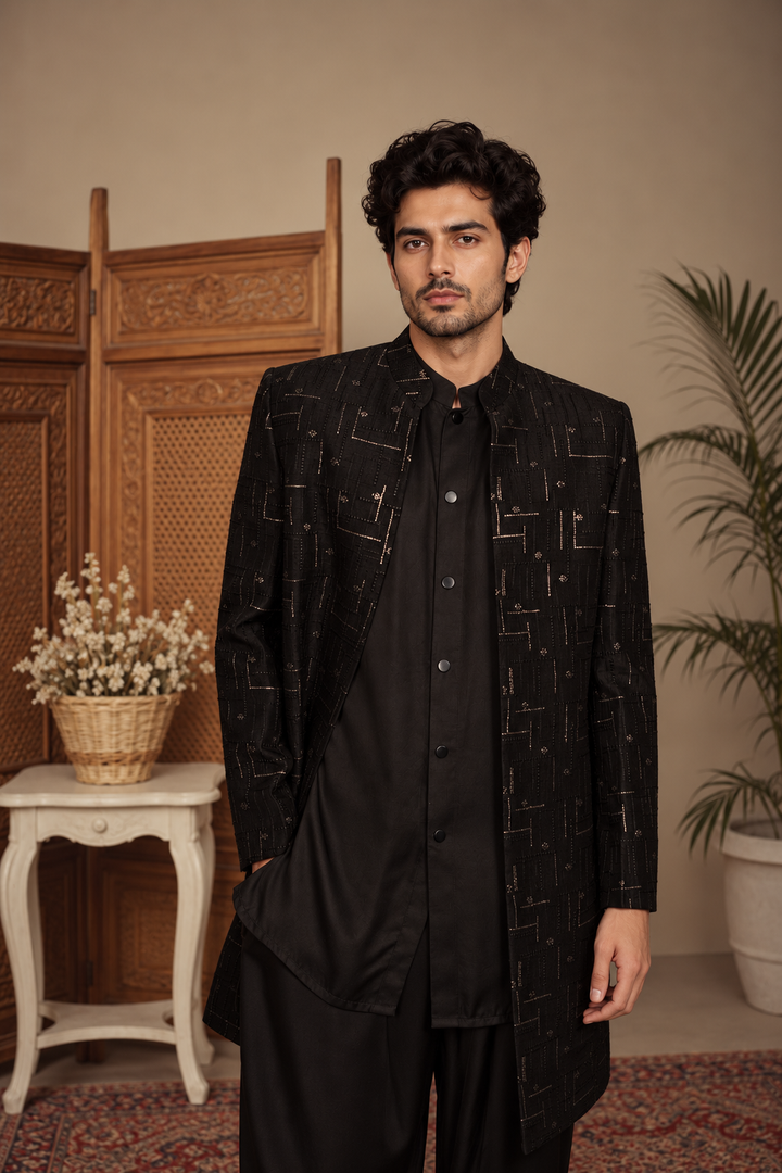 Tavas Indo Western Jacket Set in Black