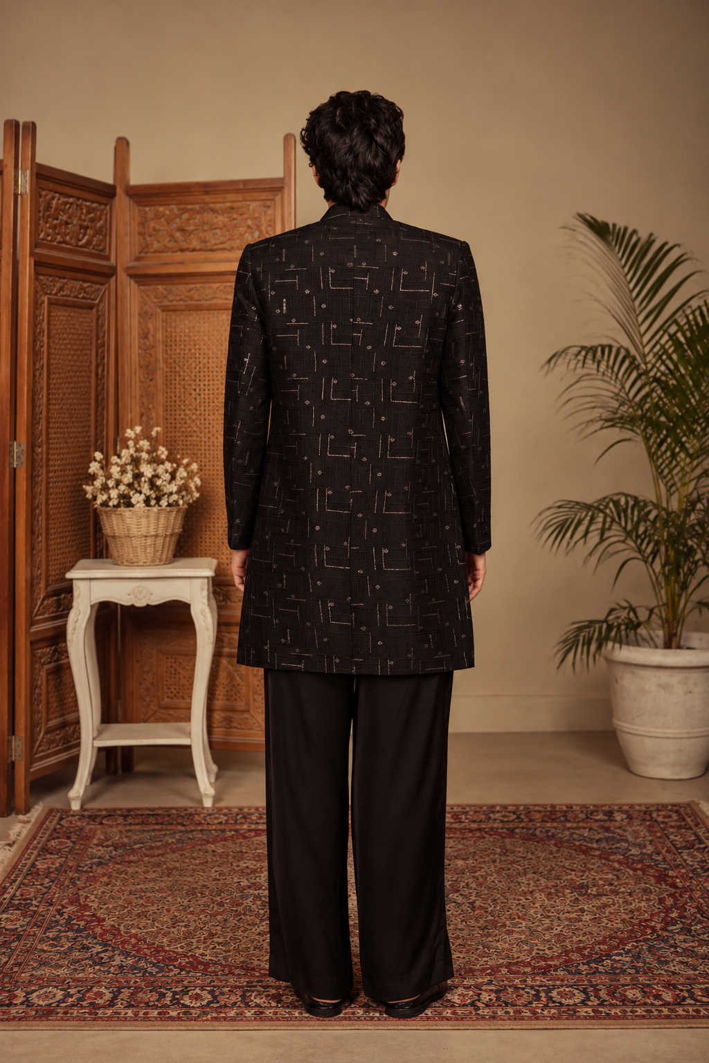 Tavas Indo Western Jacket Set in Black