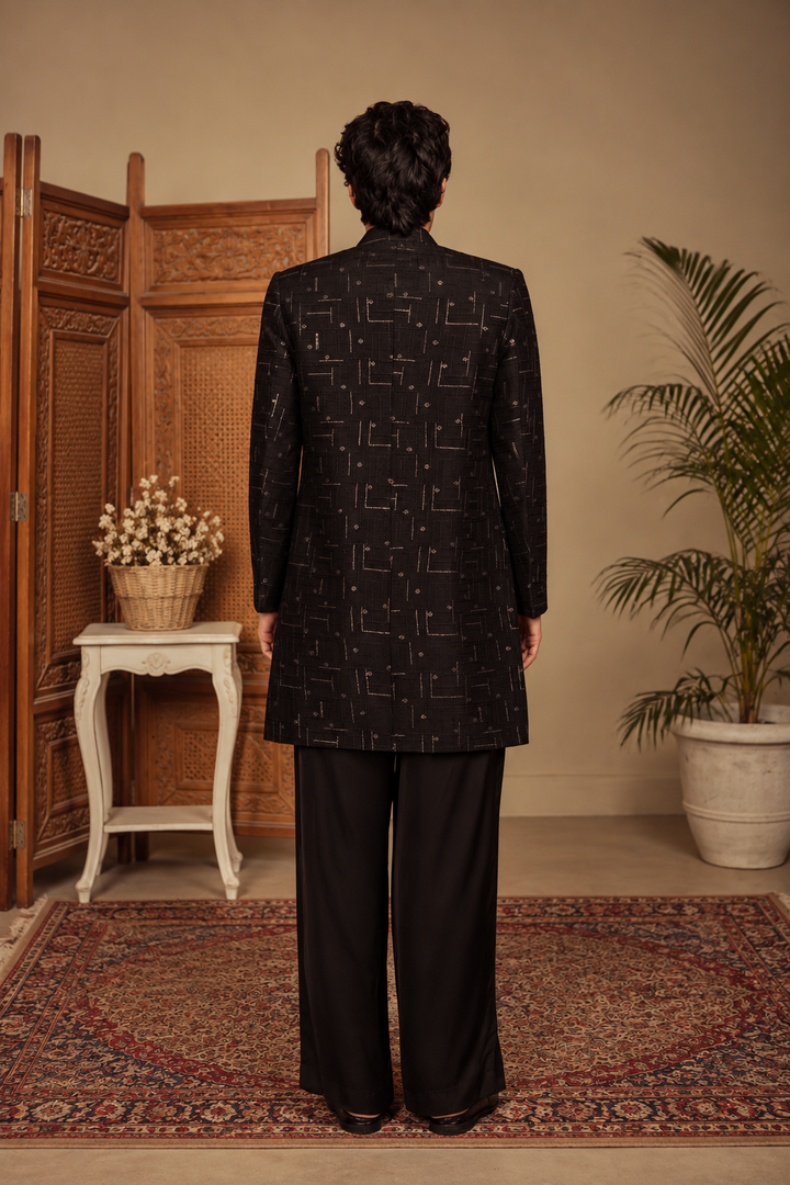 Tavas Indo Western Jacket Set in Black